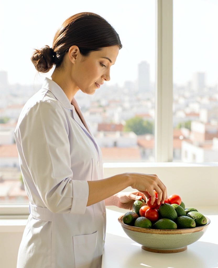 Profesional de la nutrición analizando alimentos frescos
